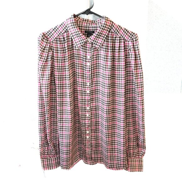 Ann Taylor Women Houndstooth Shirred Blouse Fuscia Pink Black Brown Top Large - Picture 1 of 7